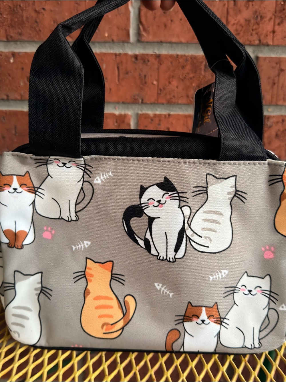 Kids Beige Cat-Print Insulated Lunch Bag with Black Handles